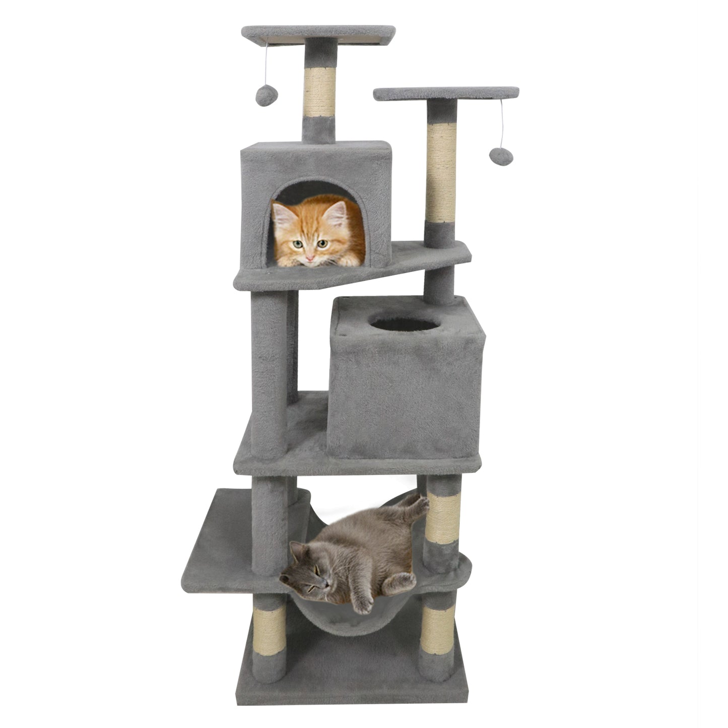 57 Inch Cat Tree with Dual Condos and Hammock and 2 Dangling Balls, Light Gray Cat Trees Condos & Scratchers Light Gray at Gallery Canada