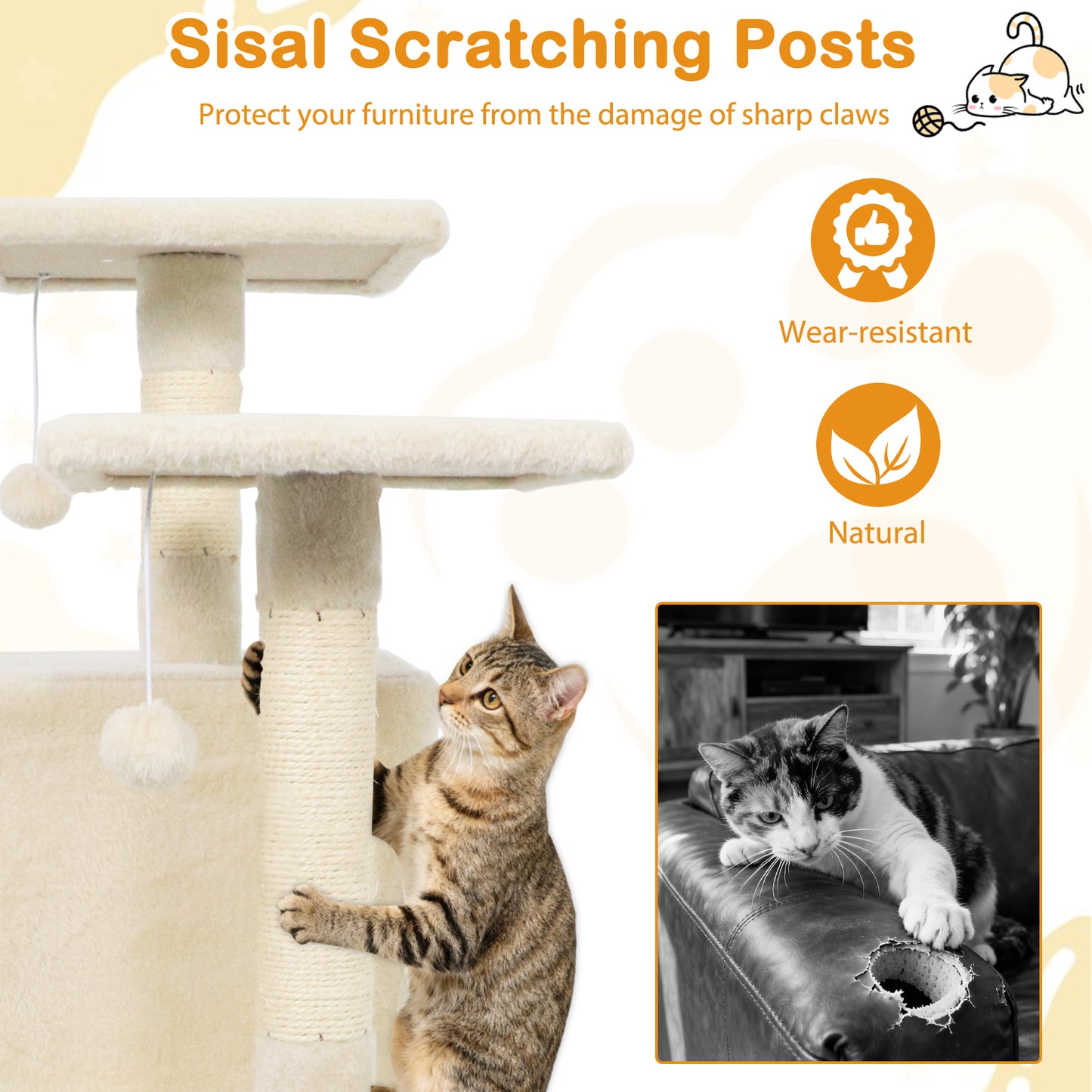 57 Inch Cat Tree with Dual Condos and Hammock and 2 Dangling Balls, Beige Cat Trees Condos & Scratchers at Gallery Canada