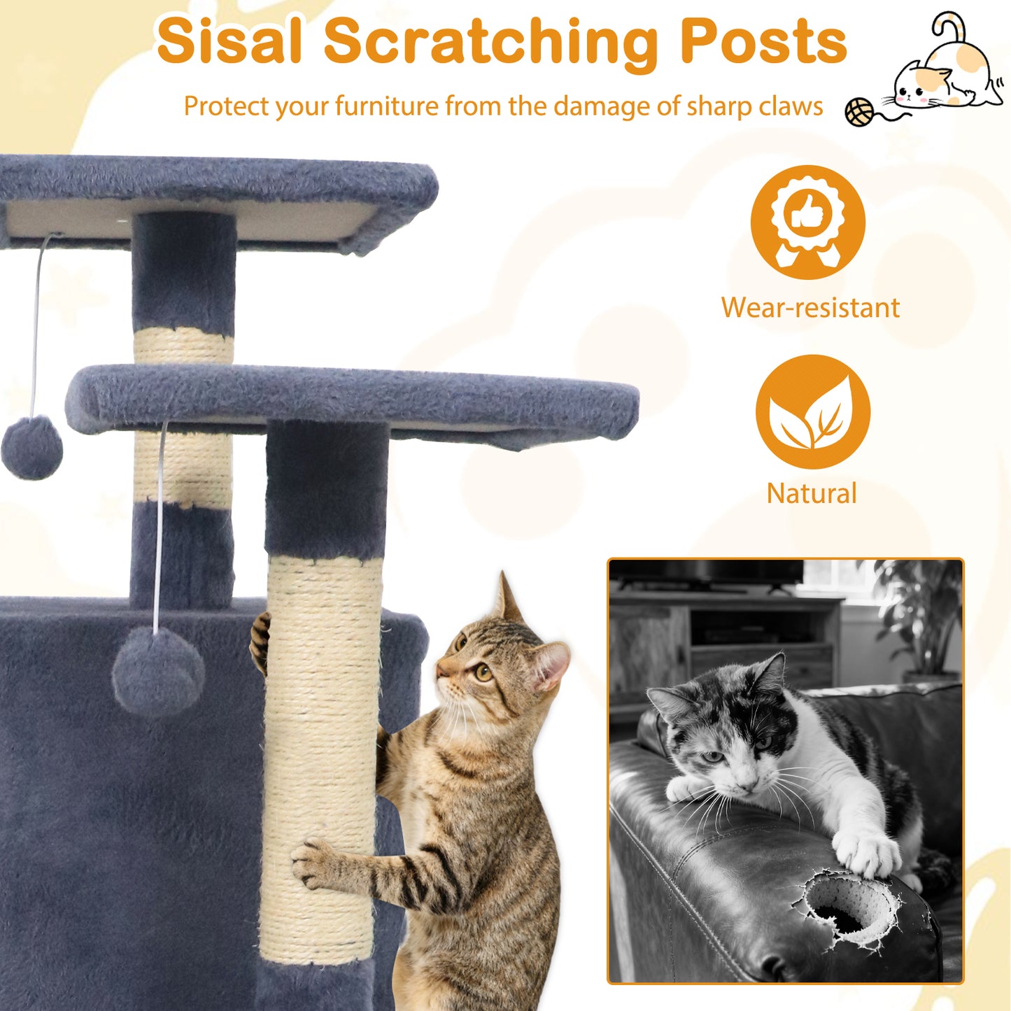 57 Inch Cat Tree with Dual Condos and Hammock and 2 Dangling Balls, Gray Cat Trees Condos & Scratchers at Gallery Canada