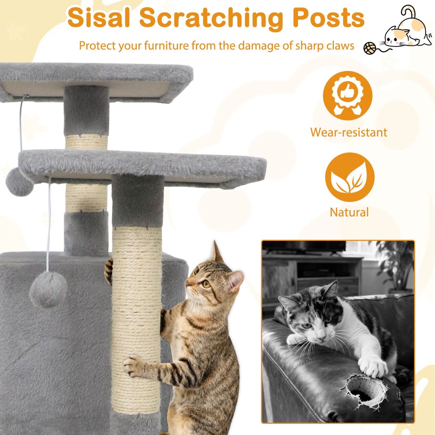 57 Inch Cat Tree with Dual Condos and Hammock and 2 Dangling Balls, Light Gray Cat Trees Condos & Scratchers at Gallery Canada