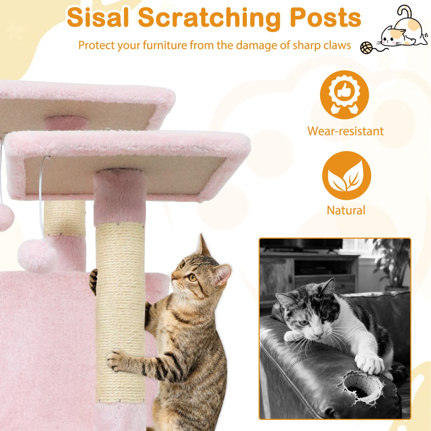 57 Inch Cat Tree with Dual Condos and Hammock and 2 Dangling Balls, Pink Cat Trees Condos & Scratchers at Gallery Canada