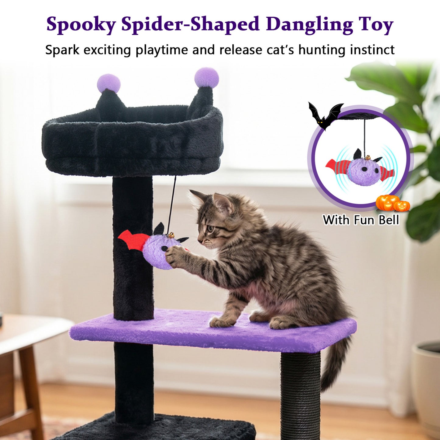 57" Spooky Cat Tower with Padded Perch and Spider-shaped Hanging Toy, Purple Cat Trees Condos & Scratchers at Gallery Canada