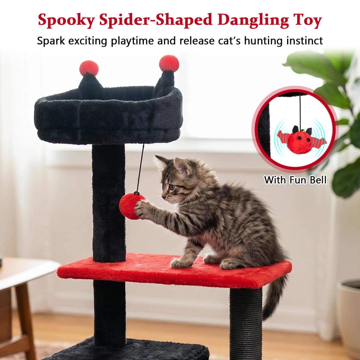 57" Spooky Cat Tower with Padded Perch and Spider-shaped Hanging Toy, Red Cat Trees Condos & Scratchers at Gallery Canada