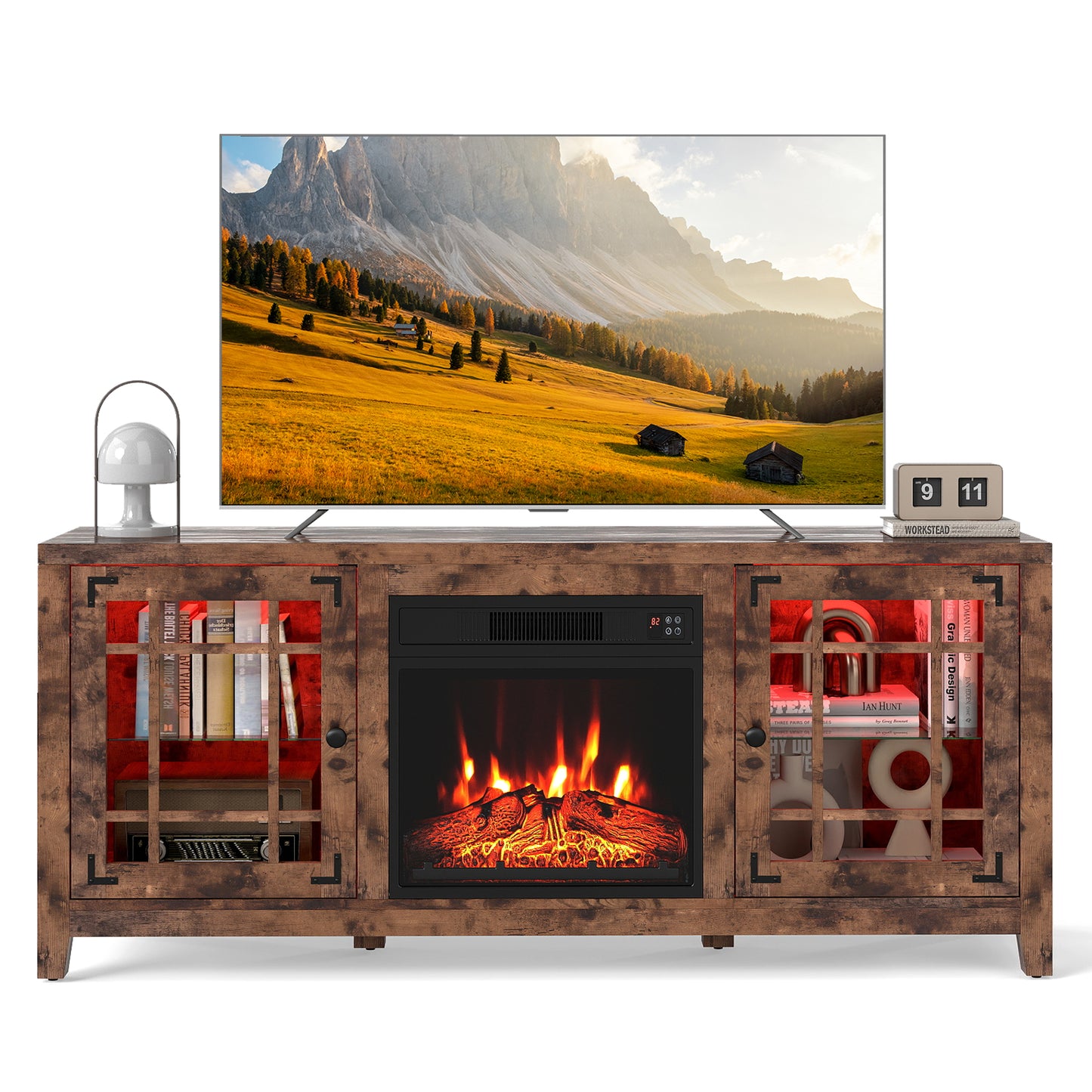 58" Fireplace TV Stand with LED Lights and 18" Electric Fireplace, Rustic Brown Fireplaces at Gallery Canada