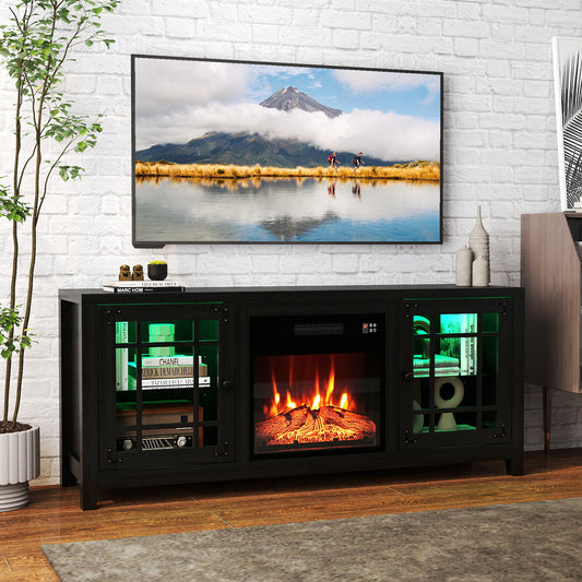 58" Fireplace TV Stand with LED Lights and 18" Electric Fireplace, Black Fireplaces Black at Gallery Canada