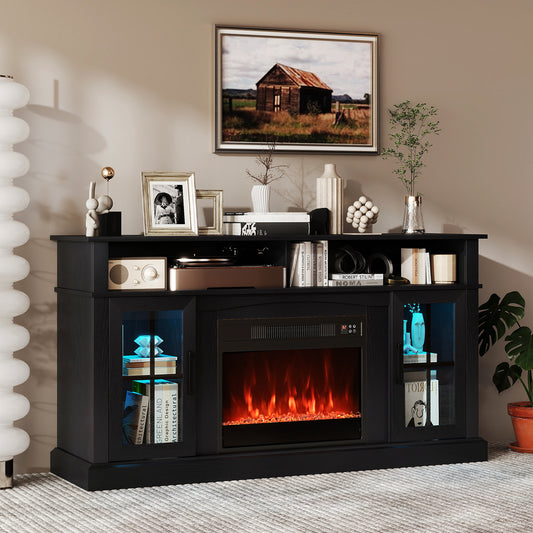 58 Inch Fireplace TV Stand With LED Lights, Storage Cabinets, Glass Doors, Black Entertainment Centers & TV Stands Black at Gallery Canada