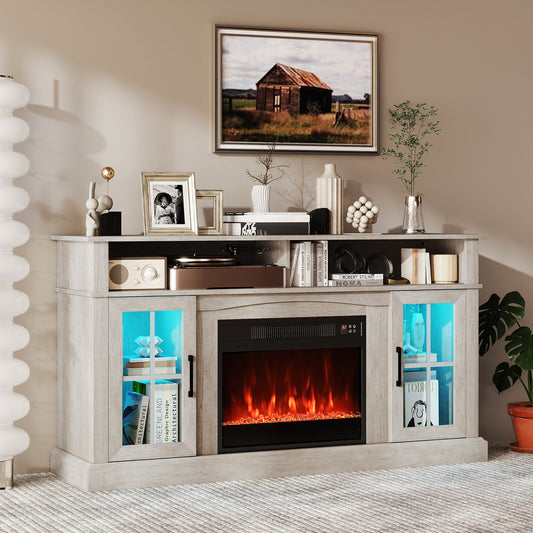 58 Inch Fireplace TV Stand with LED Lights with Storage Cabinets and Glass Doors, Gray Entertainment Centers & TV Stands Gray at Gallery Canada