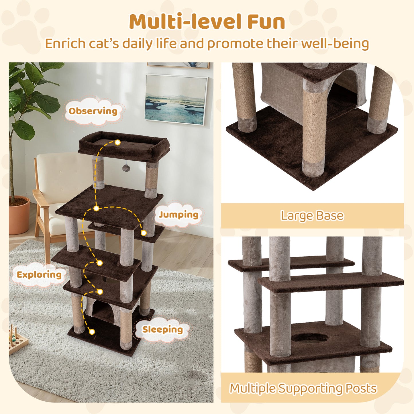 58 Inch Cat Tree, Multi-Level With Swaying Aerial Condo, Plush Perch Bed, Brown Cat Trees Condos & Scratchers at Gallery Canada