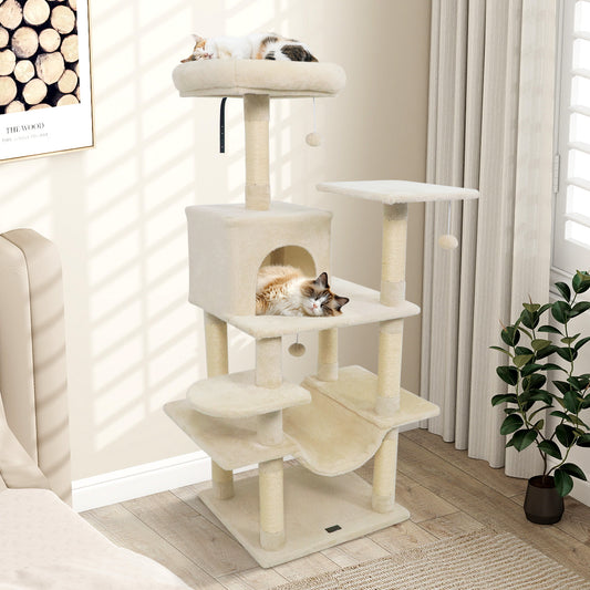 58" Multi-Level Cat Tree Soft Plush Cat Tower with Padded Top Perch, Beige Cat Trees Condos & Scratchers Beige at Gallery Canada