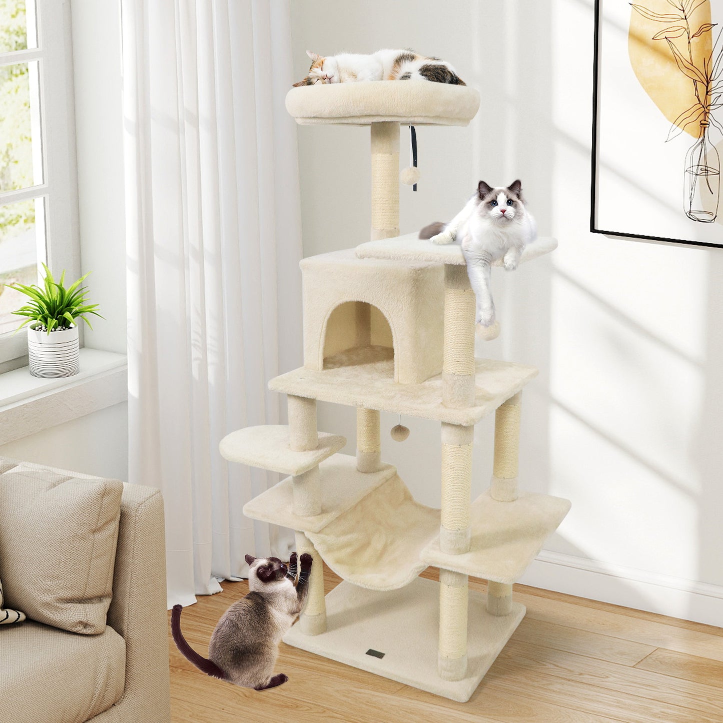 58" Multi-Level Cat Tree Soft Plush Cat Tower with Padded Top Perch, Beige Cat Trees Condos & Scratchers at Gallery Canada