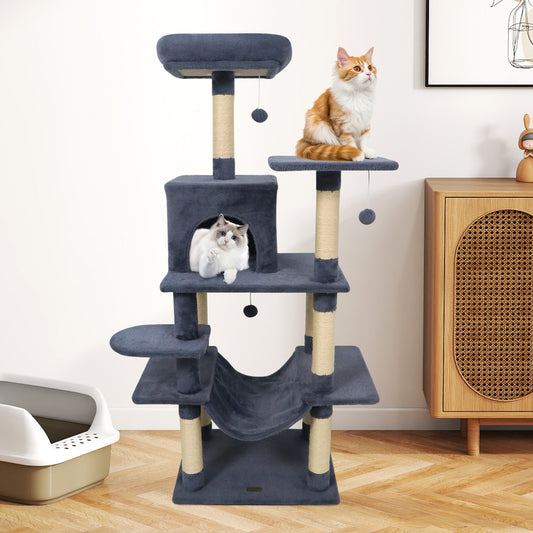 58" Multi-Level Cat Tree Soft Plush Cat Tower with Padded Top Perch-Grey, Gray Cat Trees Condos & Scratchers Gray at Gallery Canada