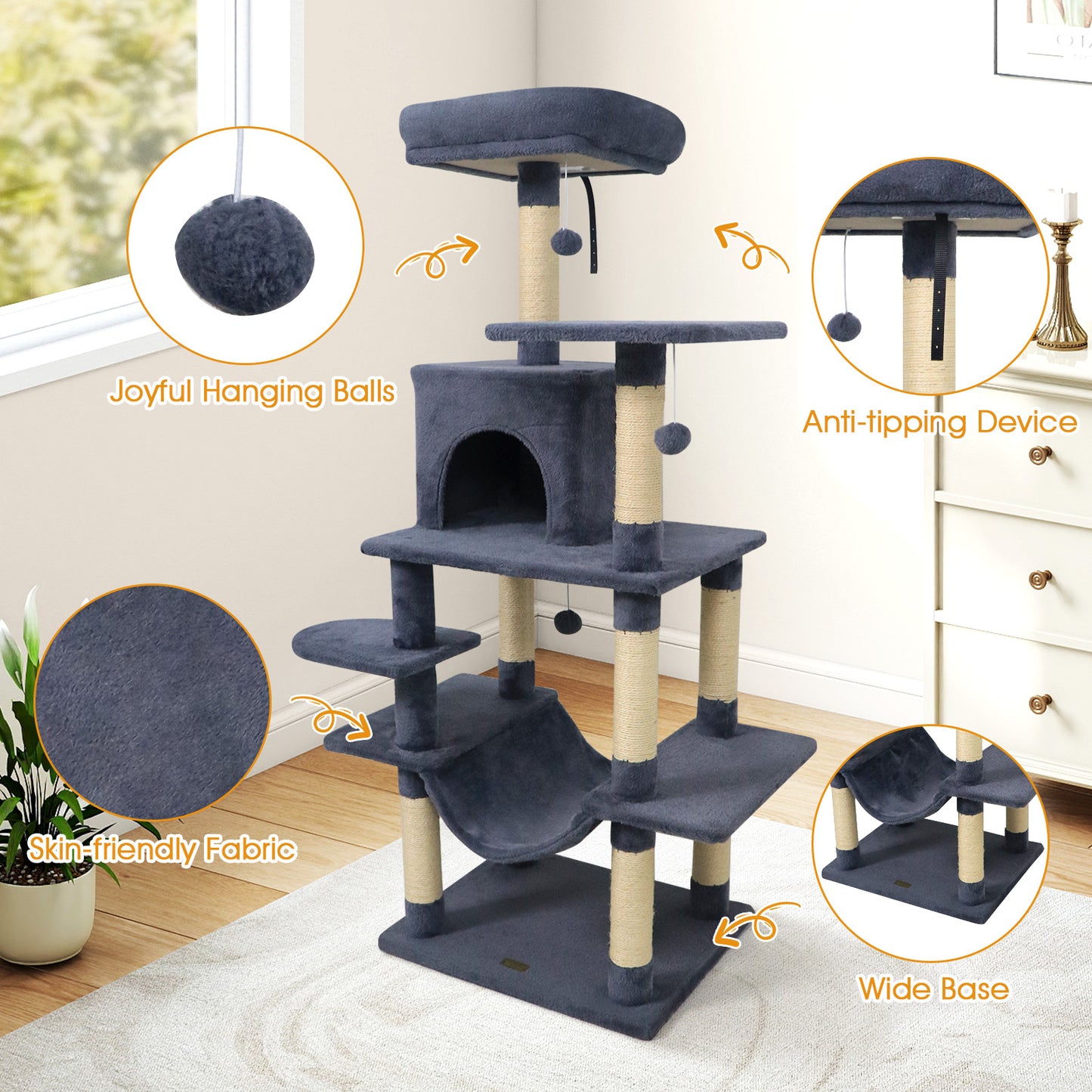 58" Multi-Level Cat Tree Soft Plush Cat Tower with Padded Top Perch-Grey, Gray Cat Trees Condos & Scratchers at Gallery Canada