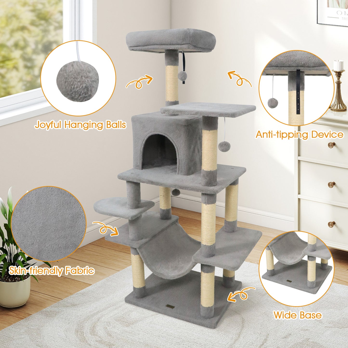 58" Multi-Level Cat Tree Soft Plush Cat Tower with Padded Top Perch, Light Gray Cat Trees Condos & Scratchers at Gallery Canada