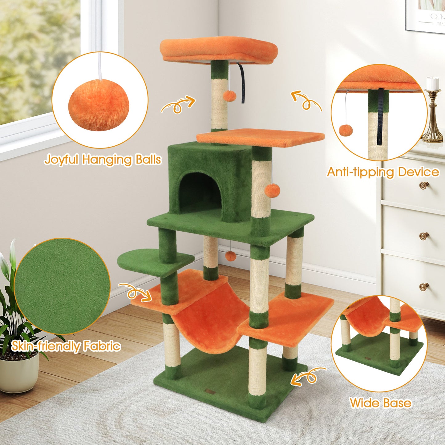 58" Multi-Level Cat Tree Soft Plush Cat Tower with Padded Top Perch, Green Cat Trees Condos & Scratchers at Gallery Canada