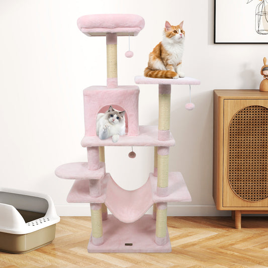 58" Multi-Level Cat Tree Soft Plush Cat Tower with Padded Top Perch, Pink Cat Trees Condos & Scratchers Pink at Gallery Canada
