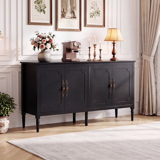 58" Vintage Buffet Cabinet, Pine Wood Legs, Adjustable Shelves, Black Sideboards Cabinets & Buffets Black at Gallery Canada