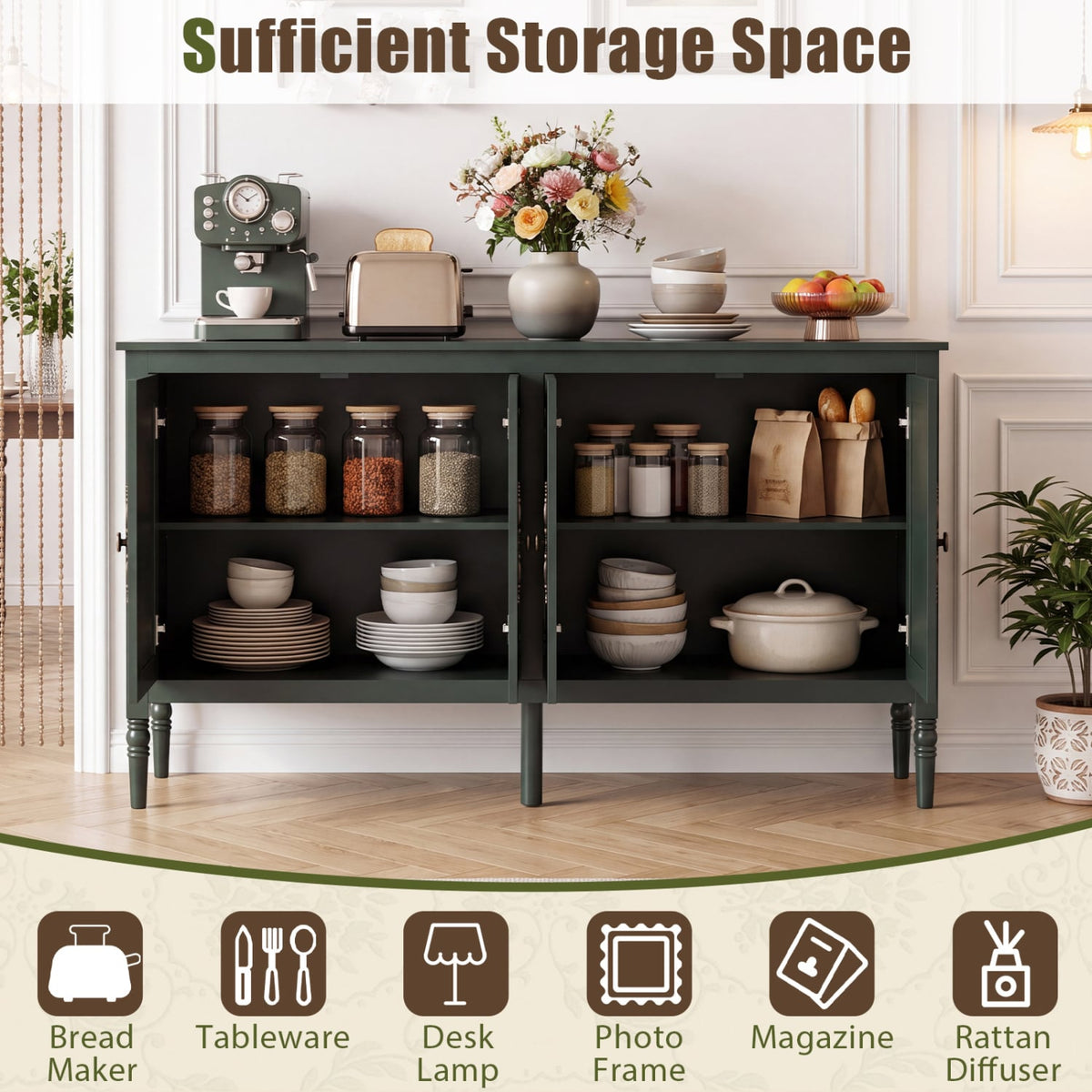 58" Vintage Buffet Cabinet with Pine Legs, Green