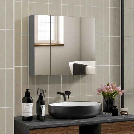 28" x 24" Wall Mounted Mirror Cabinet, 3 Doors, Adjustable Shelves, Grey Mirror Medicine Cabinets Grey at Gallery Canada