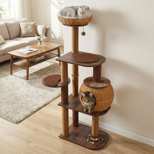 59.5 Inch Cat Tree, Multi-Level Cat Tower, PE Rattan Condo, Brown Cat Trees Condos & Scratchers Brown at Gallery Canada