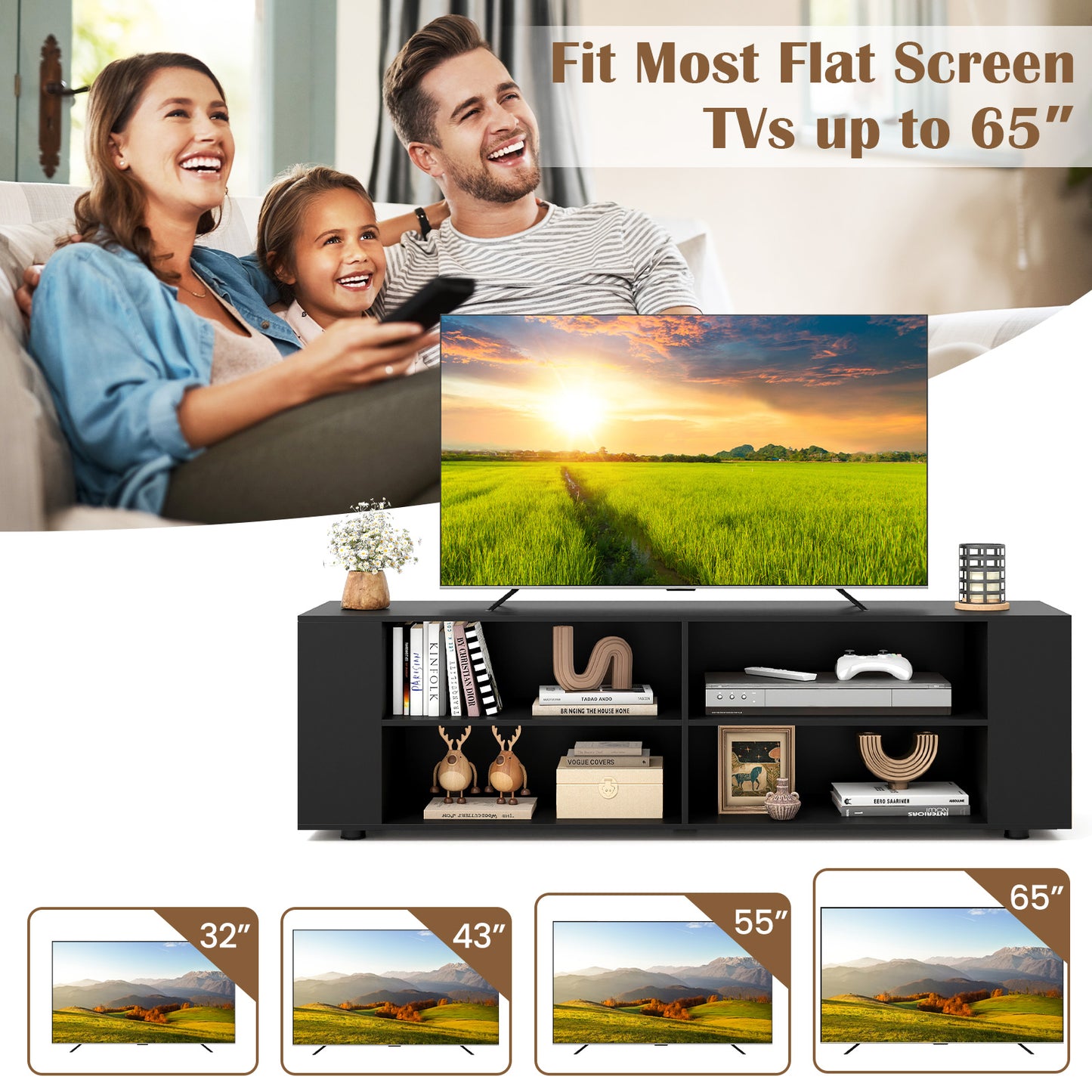 59 Inch Wood TV Stand, Console Storage Entertainment Media, Black Entertainment Centers & TV Stands at Gallery Canada