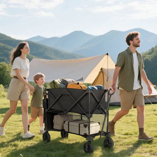 Double Decker Folding Wagon Cart, 450LBS & 350L Capacity, Collapsible Garden Cart Folding Garden Carts Black at Gallery Canada