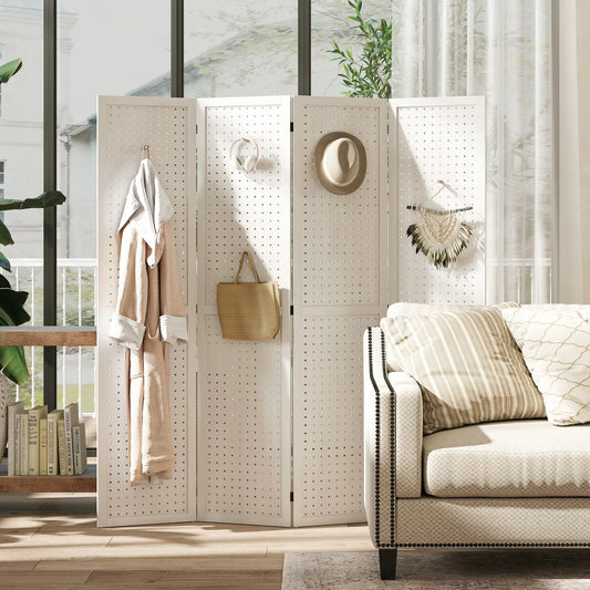 5.6 Ft. Tall 4-Panel Room Divider, Pegboard Privacy Screen, White