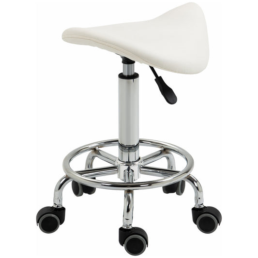 Saddle Stool, PU Leather Adjustable Rolling Salon Chair for Massage, Spa, Clinic, Beauty and Tattoo, White - Gallery Canada