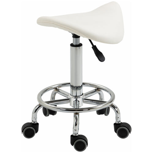 Saddle Stool, PU Leather Adjustable Rolling Salon Chair for Massage, Spa, Clinic, Beauty and Tattoo, White