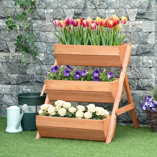 3 Tier Elevated Planter Box, Wooden Raised Garden Bed, 26" x 30" x 30", Brown Elevated Garden Beds Brown at Gallery Canada
