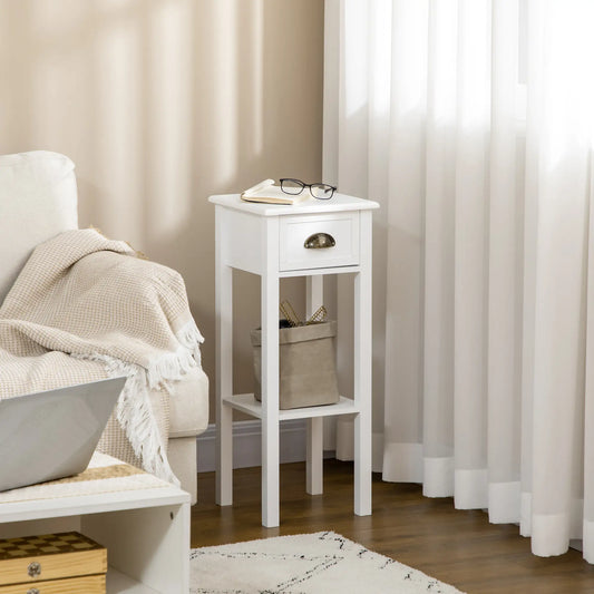2 Tier Side Table, Set of 2, Narrow Tall End Table with Drawer, White Side Tables White at Gallery Canada