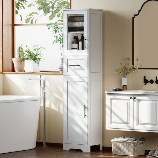 67" Tall Bathroom Storage Cabinet, Adjustable Shelves, Glass Door, Drawer Freestanding Bathroom Cabinets White, Black at Gallery Canada
