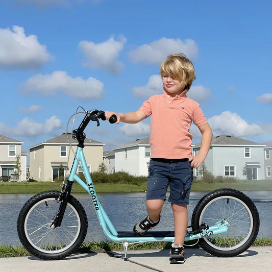 Kids Kick Scooter, 5+ Years, 16'' Inflatable Wheel, Dual Brakes, Blue Scooters Blue at Gallery Canada