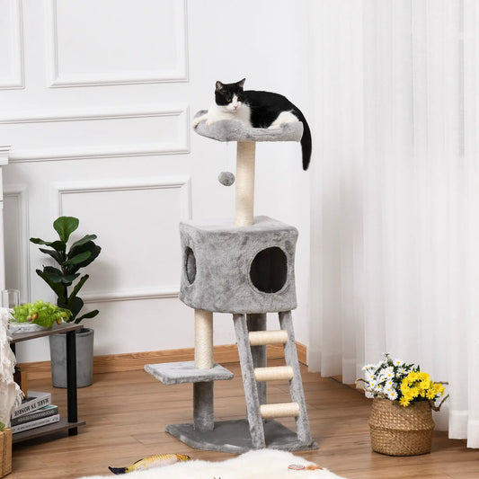 47" Tall Cat Tree Tower with Condo, Ladder, Scratching Posts, Light Grey