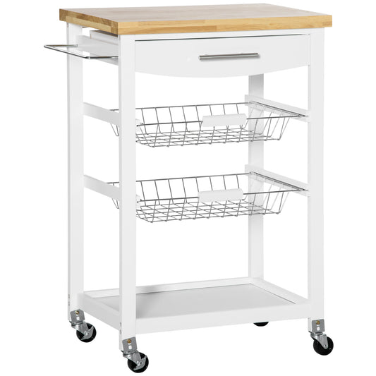3-Tier Utility Kitchen Cart with Handle Bar, Steel Basket Rolling Kitchen Island, Food Storage Service Trolley with Wheels, Rubber Wood Top, White at Gallery Canada