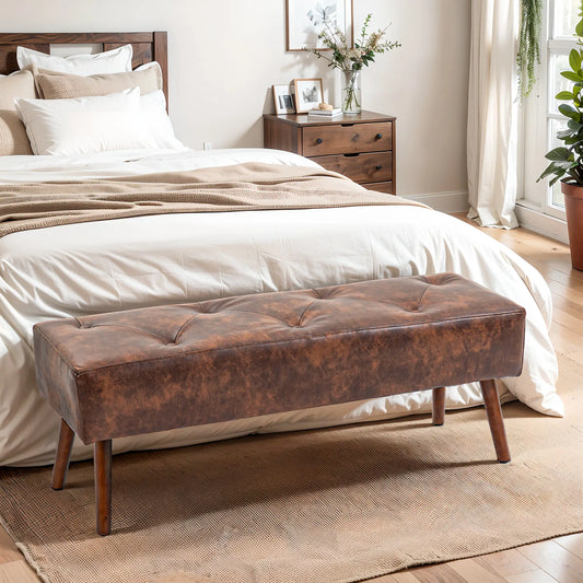 Button Tufted PU Leather Bench, Wood Legs, Brown Storage Ottomans & Benches Brown at Gallery Canada