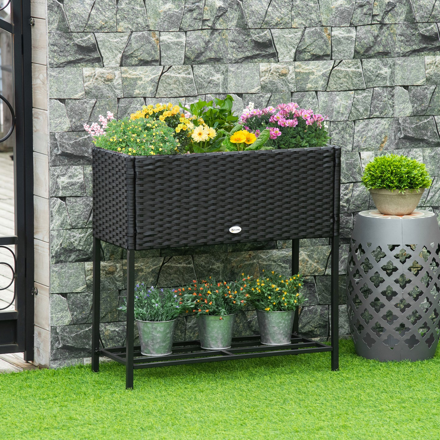 Rattan Raised Garden Boxes, Elevated Flower Beds with Storage Shelf for Herbs, Flowers, Vegetables, Black