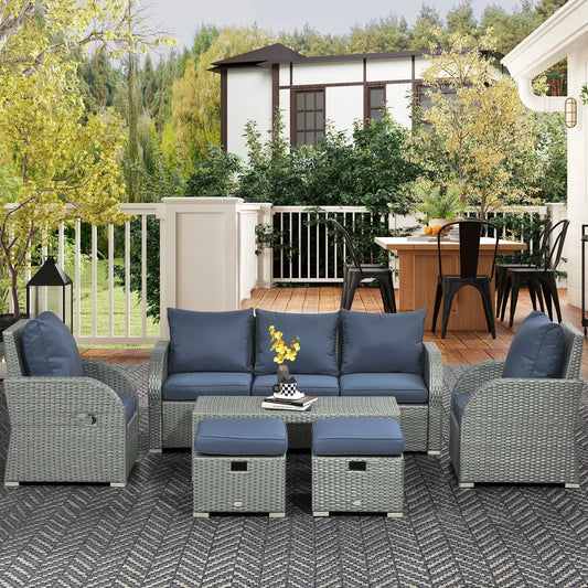 6-Piece PE Wicker Patio Sectional Set, with Cushions, Dark Blue Patio Furniture Sets Dark Blue Cushion, Grey Rattan at Gallery Canada