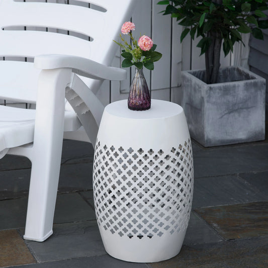 12.5" Steel Round Patio End Table, Hollow Drum Side Table, White Patio Side Tables White at Gallery Canada