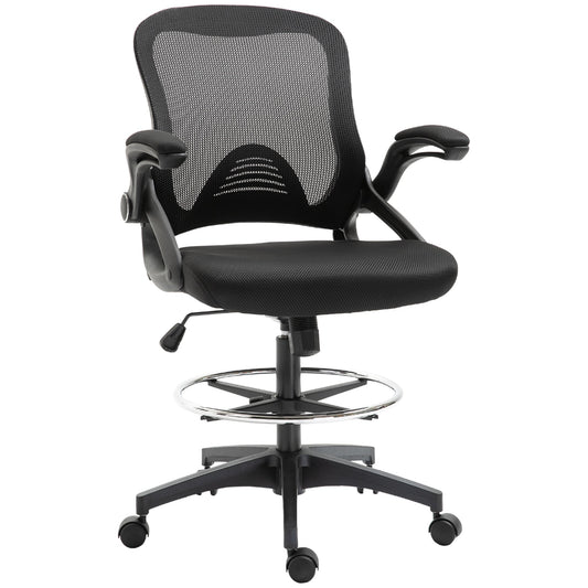 Adjustable Drafting Chair Tall Office Stand-Up Chair with Flip-up Armrest and Foot Ring, 360° Swivel, Black at Gallery Canada