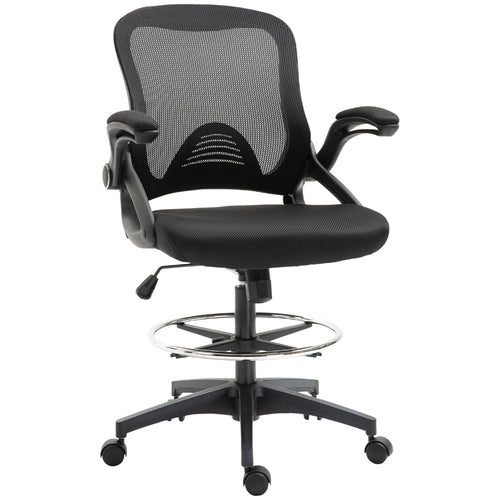 Adjustable Drafting Chair Tall Office Stand-Up Chair with Flip-up Armrest and Foot Ring, 360° Swivel, Black