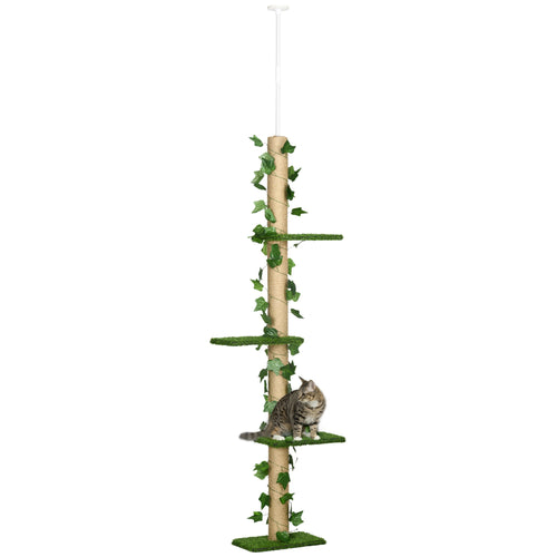 4-Tier Floor to Ceiling Cat Tree, Height(80-95Inches)Adjustable, Tall Cat Tower w/ Anti-Slip Kit, Leaves, Multi-Layer Activity Centre w/ Scratching Post