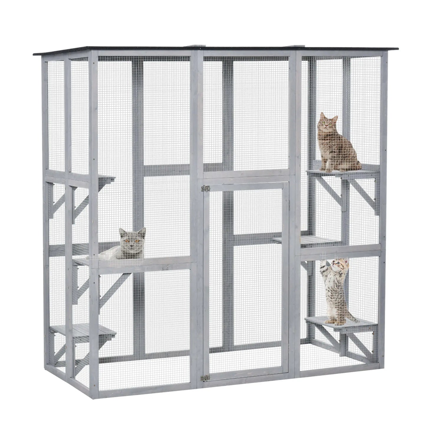 Large Outdoor Catio Enclosure, Weatherproof Cat House, Wooden Patio Cage, 6 Platforms, 71" x 39" x 71", Grey Outdoor Cat Enclosures at Gallery Canada