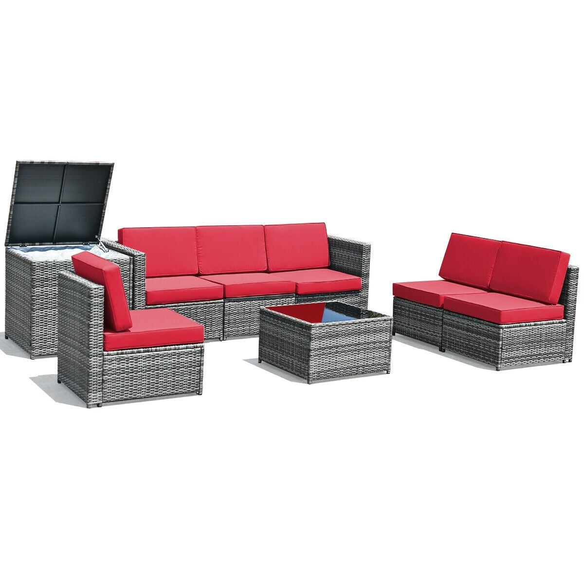 8 Piece Wicker Rattan Sofa Dining Set, Patio Furniture With Storage Table, Red Outdoor Sectionals at Gallery Canada