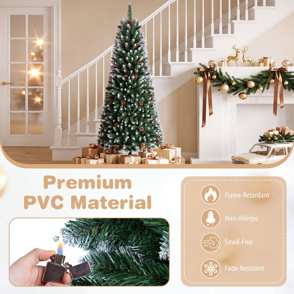 Sapin de Noël artificiel en forme de crayon de 6 pieds, Vert