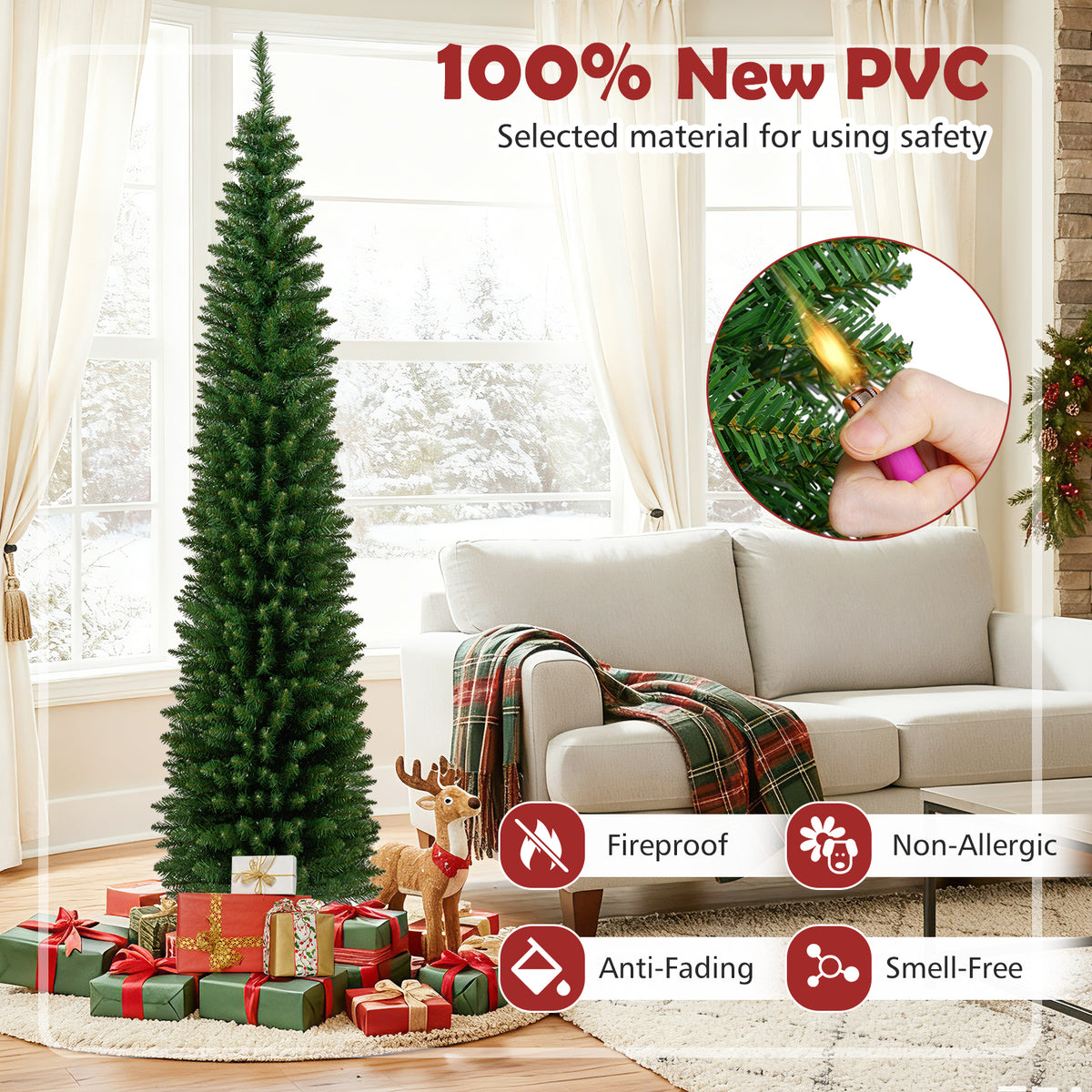 Pre-Lit Pencil Artificial Christmas Tree, 7 ft, 300 Warm White LED Lights, Green Christmas Tree at Gallery Canada