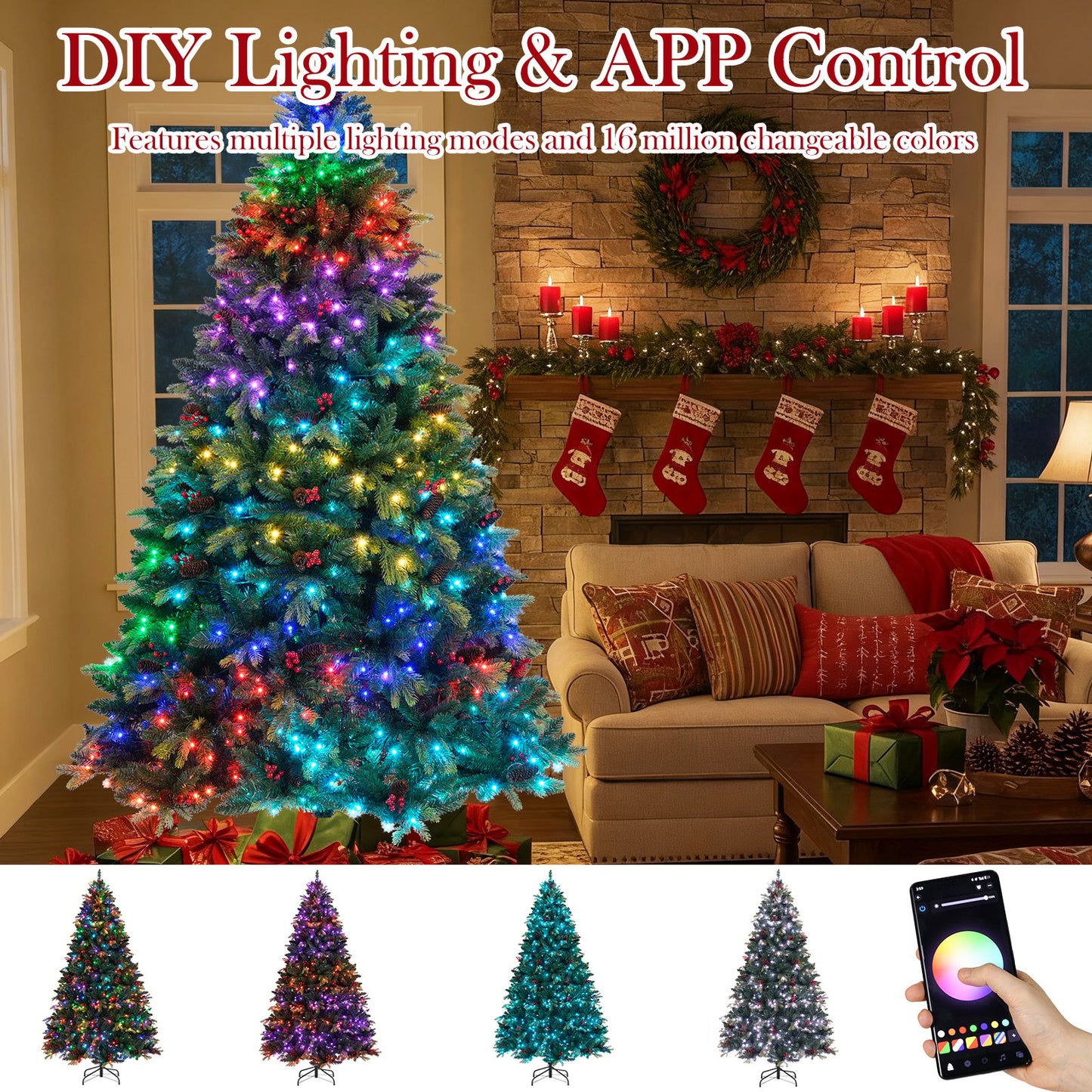 5/6/7/8 FT Artificial Christmas Tree with LED Lights and Remote APP Control-8 ft, Green Christmas Tree at Gallery Canada