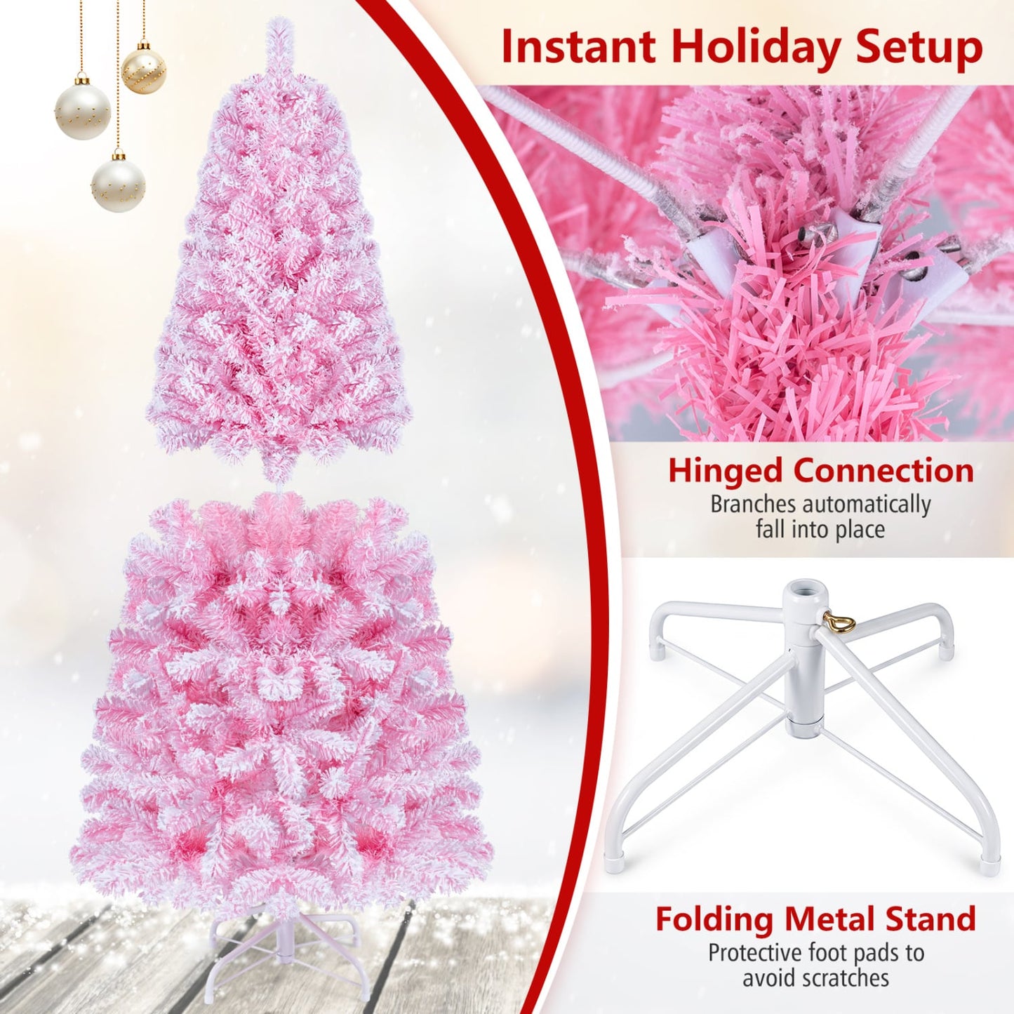 Flocked Fir Christmas Tree with Warm White LED Lights, 5ft, Pink