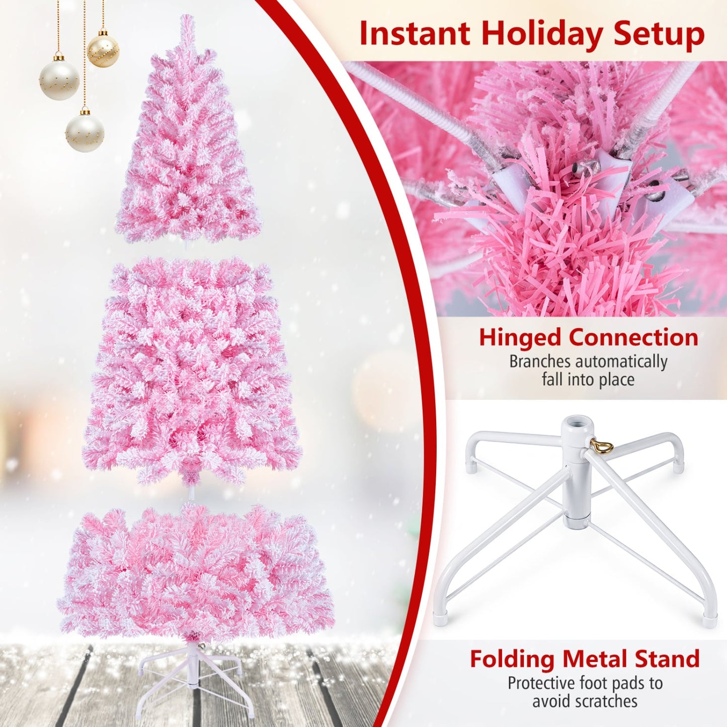 Flocked Fir Christmas Tree with Warm White LED Lights, 6ft, Pink