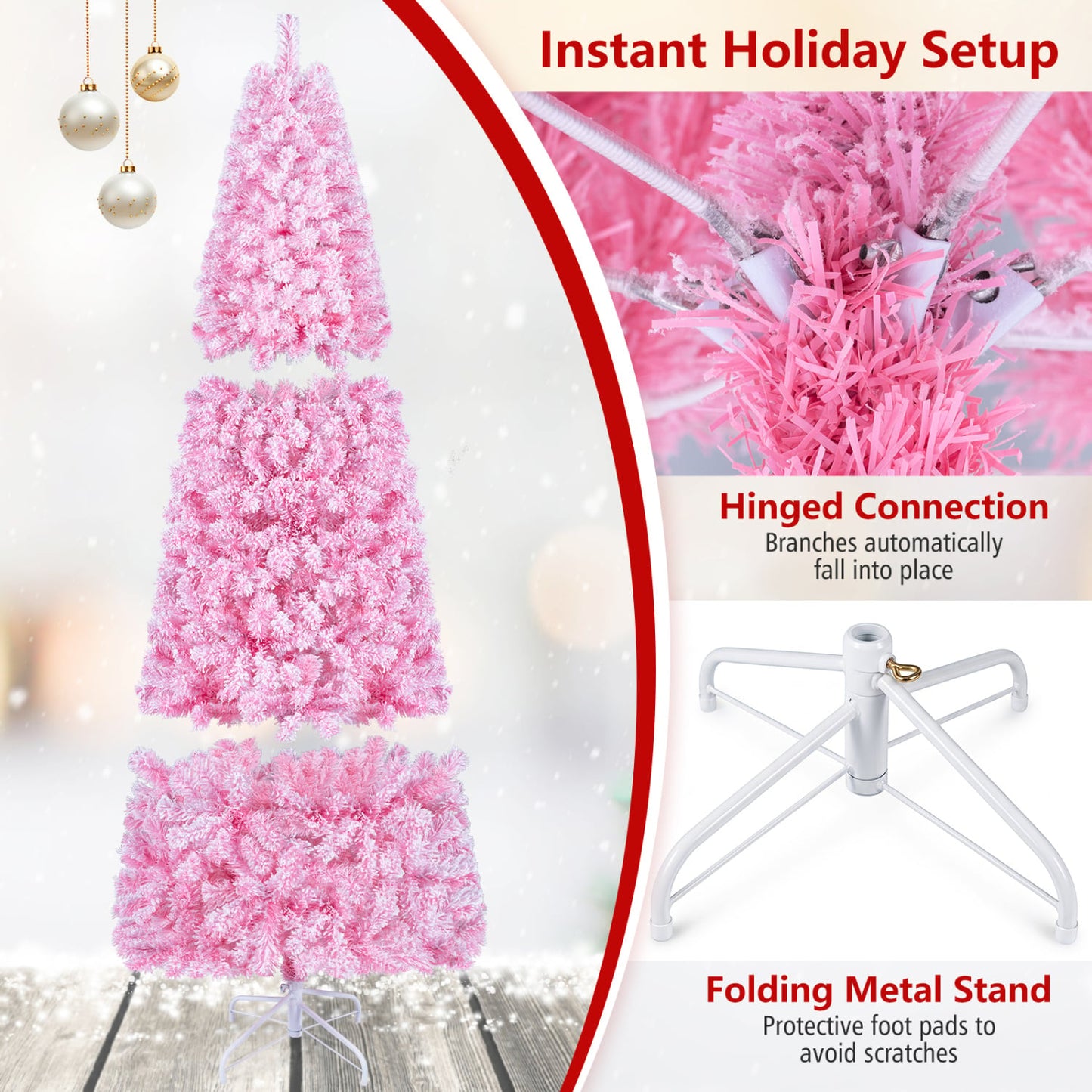 7 ft Flocked Fir Christmas Tree, Warm White LED Lights, Pink