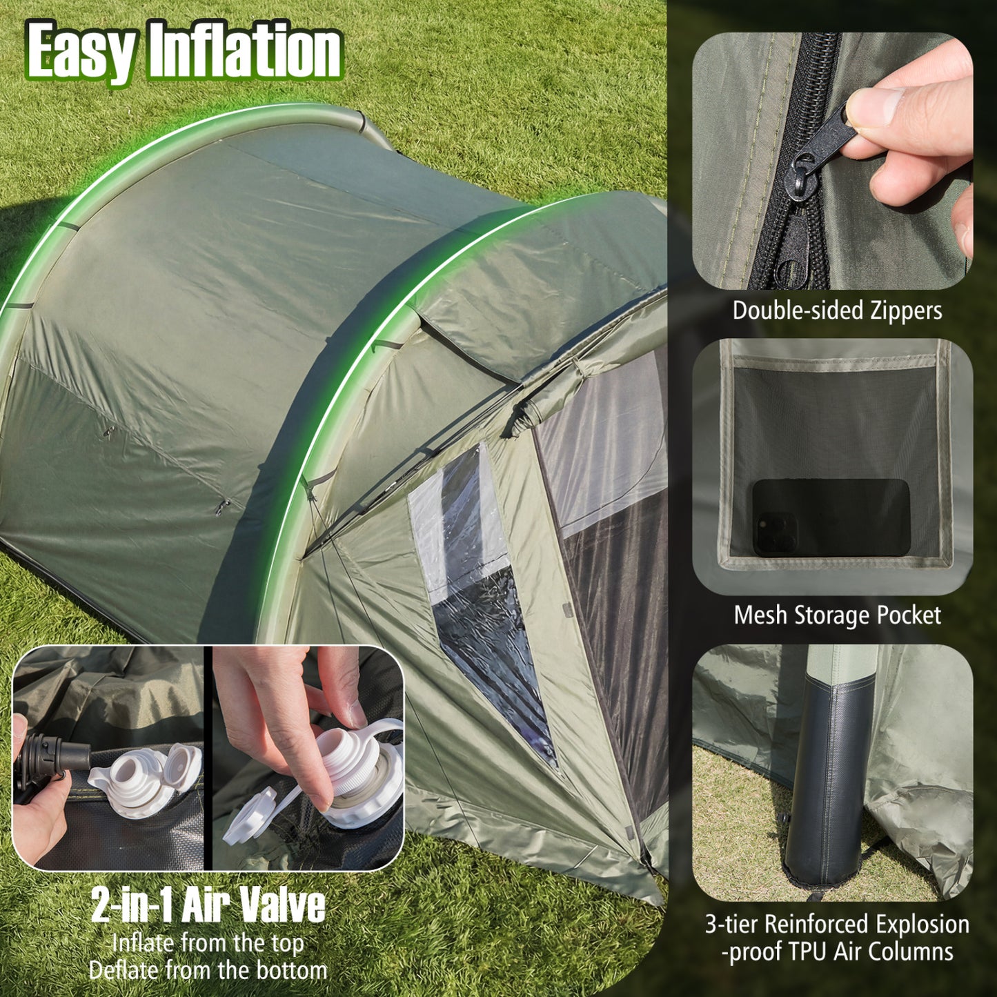 5-7 Person Inflatable Camping Tent with Screened Porch, Green Tents at Gallery Canada